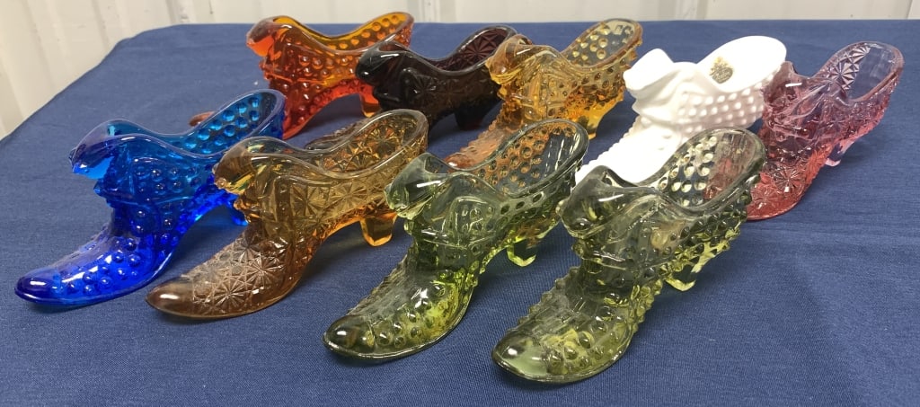 9 glass shoes, milk glass one has Fenton decal: show some wear