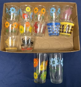 14 printed  glasses; most were sour cream jars