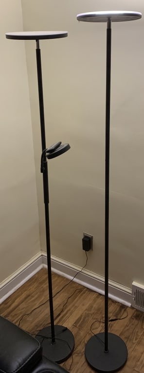 2 pc Leather Style, Sofa & Recliners: Elec. relciner in both sofa & loveseat, 2 floor lights included, see dimensions in photos, must be picked up at house at 2297 Sherman St , York PA, bring help & equipment to load