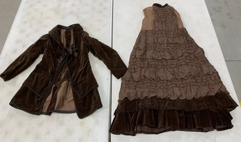 child's brown dress and velour overcoat