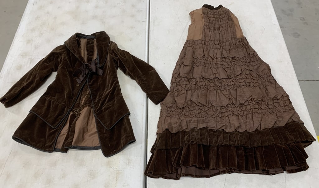 child's brown dress and velour overcoat: both have wear with repairs and damage