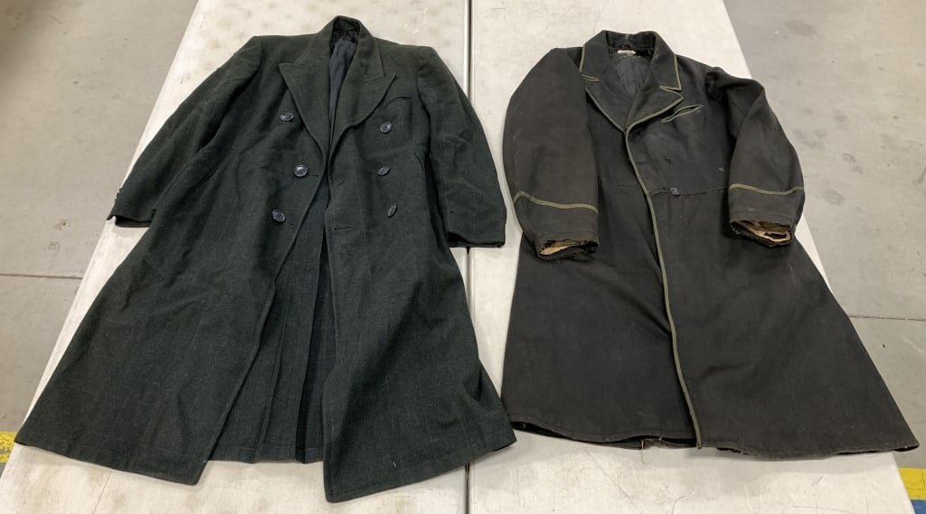 2 overcoats: have wear with stains, holes and tears