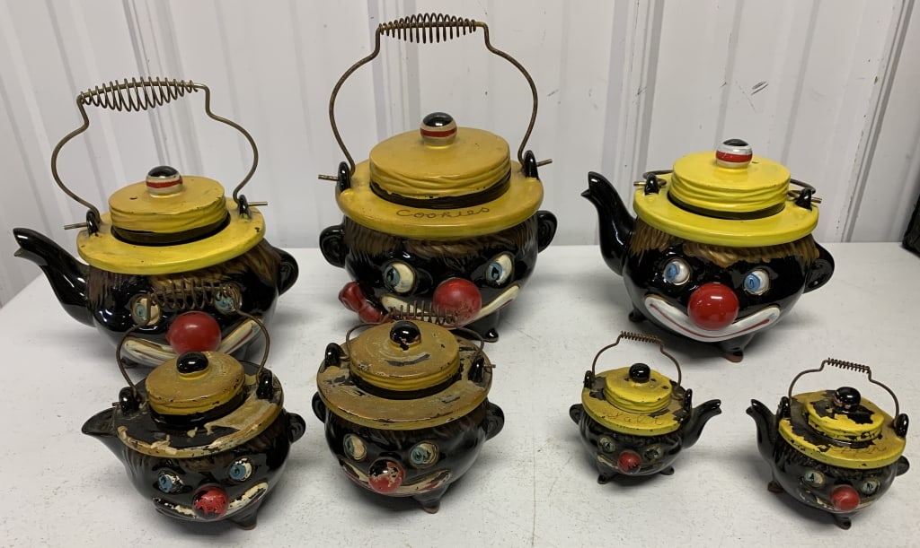 clown cookie jar, teapots, cream, sugar + S&P: redware; have wear with paint loss