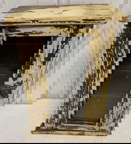 small wood cabinet with two glass shelves