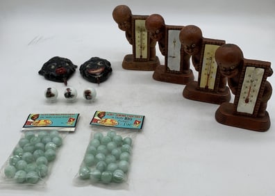 black Americana thermometers, chalk wall hooks