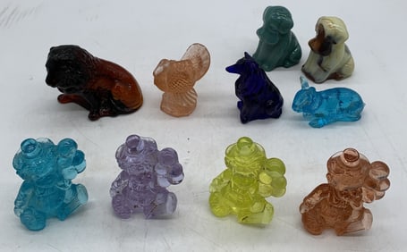 art glass dogs, clowns, turkey, lion & rabbit