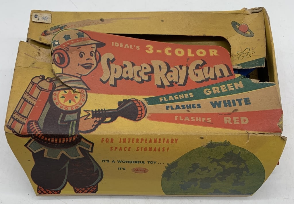 Ideal's 3 Color Space Ray Gun in box: untested; has wear; box has damage as shown; chip on gun as shown