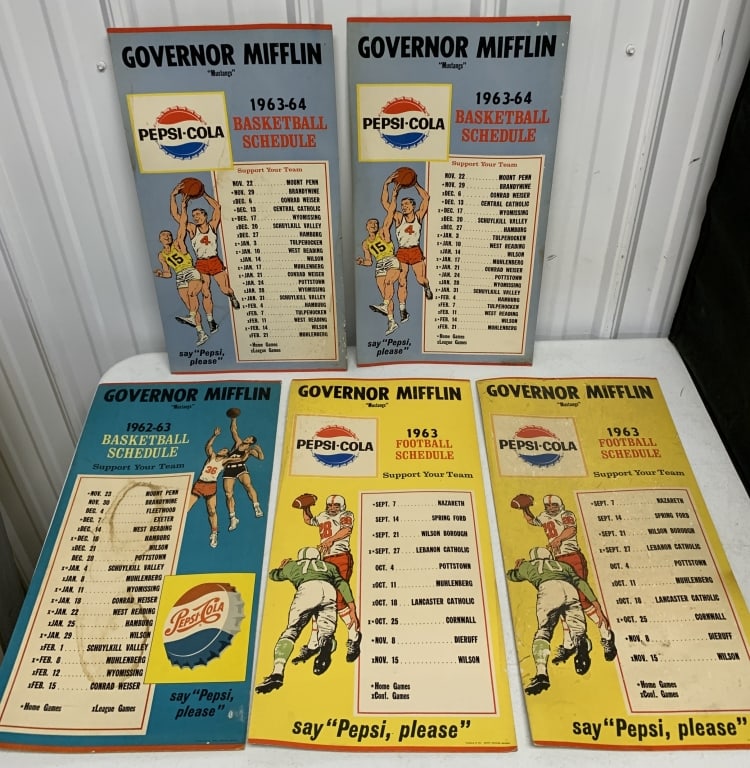 5 Governor Mifflin Pepsi adv. Sports Calendars: have wear with stains and soiling