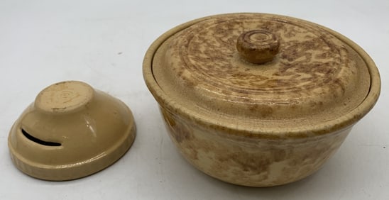 yellow ware covered bowl and egg separator