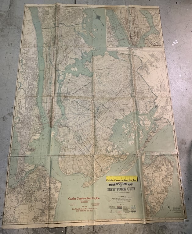 Gabler Construction Co. New York City map: 46" x 66" linen map; has wear with edge tears and tearing at creases as well as staining