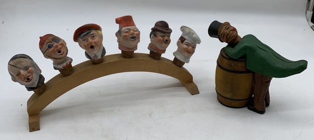 six pourers and wood container