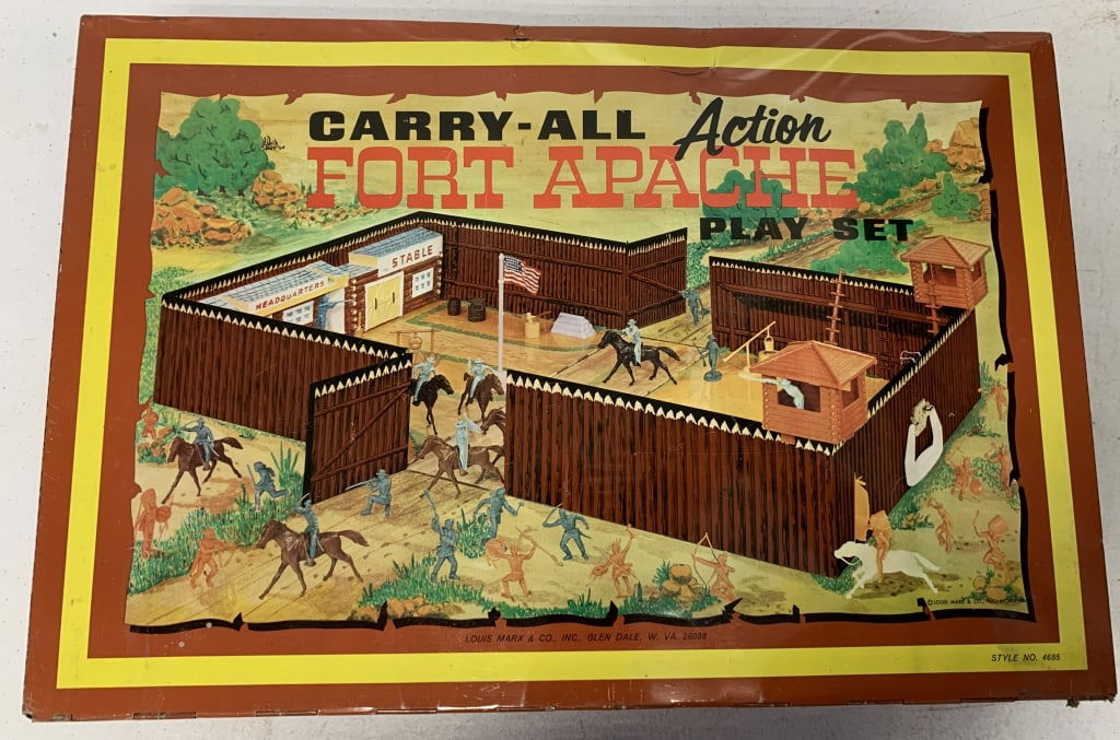 Marx Carry-All Fort Apache Olay Set: has wear with scratches, dings and rust; has damage to plastic stables; unknown if complete