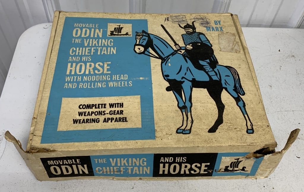 Marx Moveable Odin the Viking Chieftain & Horse: box has wear and damage; toy has wear with soiling; unknown if complete; extras included