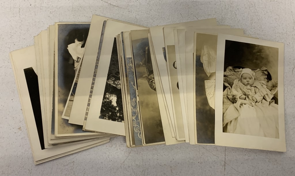 60+ real photo postcards of people: have wear with some soft corners and creases, couple photos included