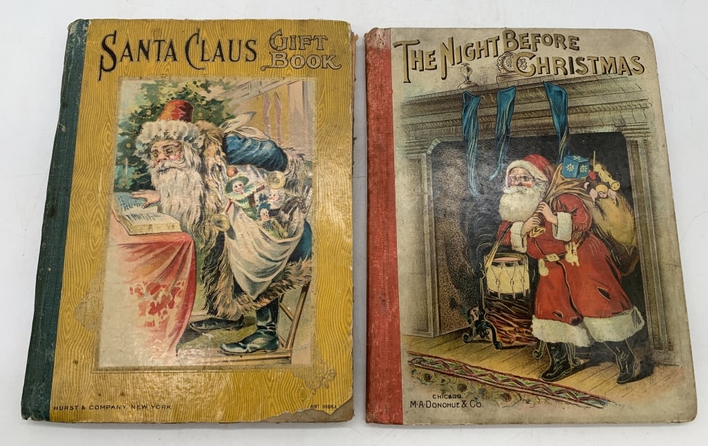 2 children's Christmas books: have wear with some damage; pages are browning and brittle; covers loose at spines; some pages cracking