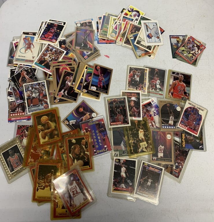 lot of sports cards, mostly basketball: some baseball and football; a lot of Michael Jordan licensed and unlicensed cards