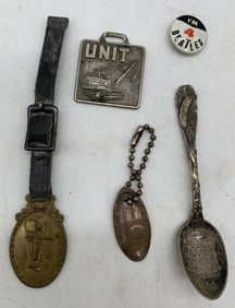 Sharples watch fob, Heinz spoon, Beatles pin,