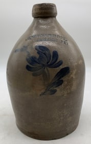 Cowden & Wilcox blue decorated stoneware jug