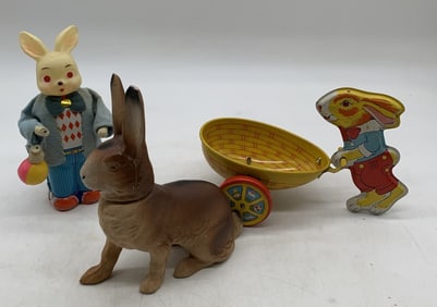 J. Chein rabbit cart, rabbit candy container and