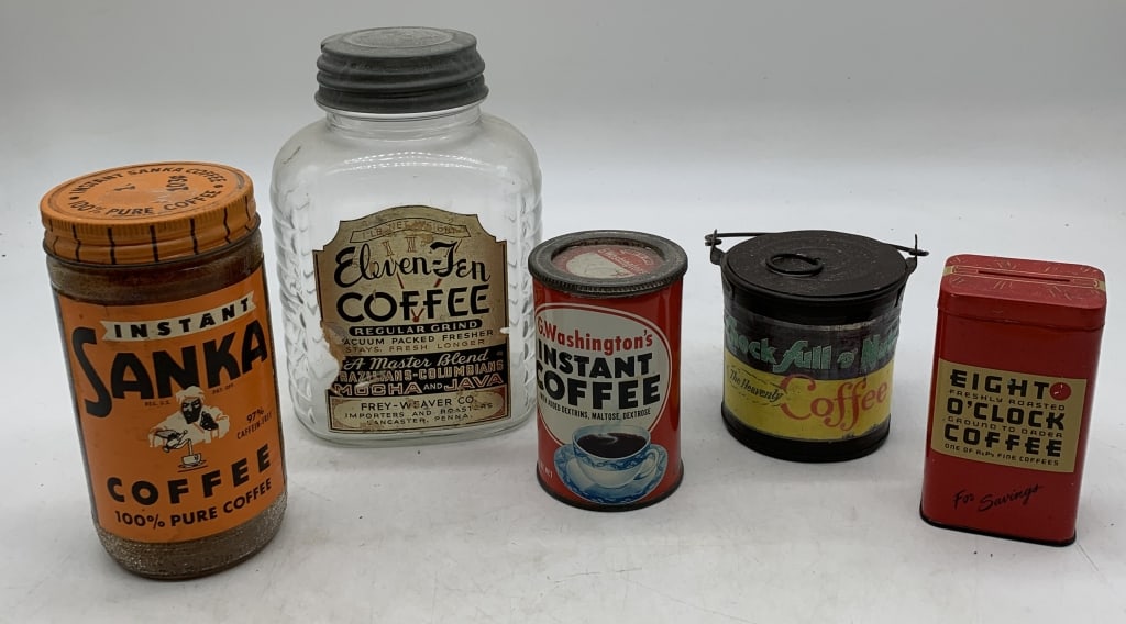 coffee jars, can, bank and novelty: have wear with some damage to labels