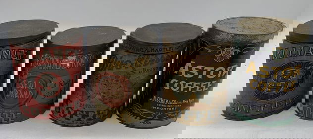 4 Coffee tins w/paper labels