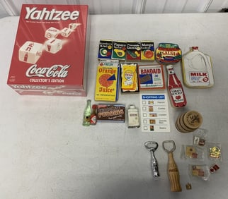 Coca-Cola Yahtzee game, bottle openers, pins,