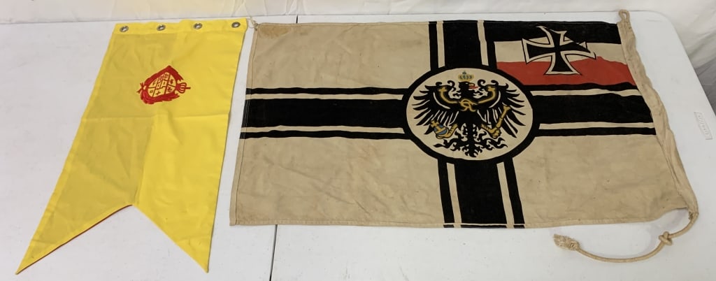 2 Military Flags,German?: large one has stains,dirty,small one shows little wear, Reproduction ?
