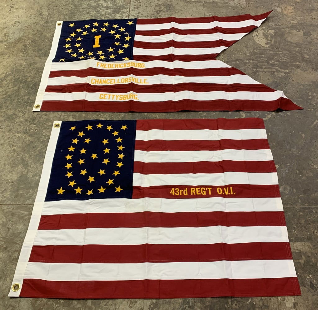 2 US Flags,1-43rd Reg't OVI,1-I in Blue Field: 43rd,35"x41",Fredericsburg,Chancellorsville,G ettysburg flag,34"x60",look unused, Reproduction