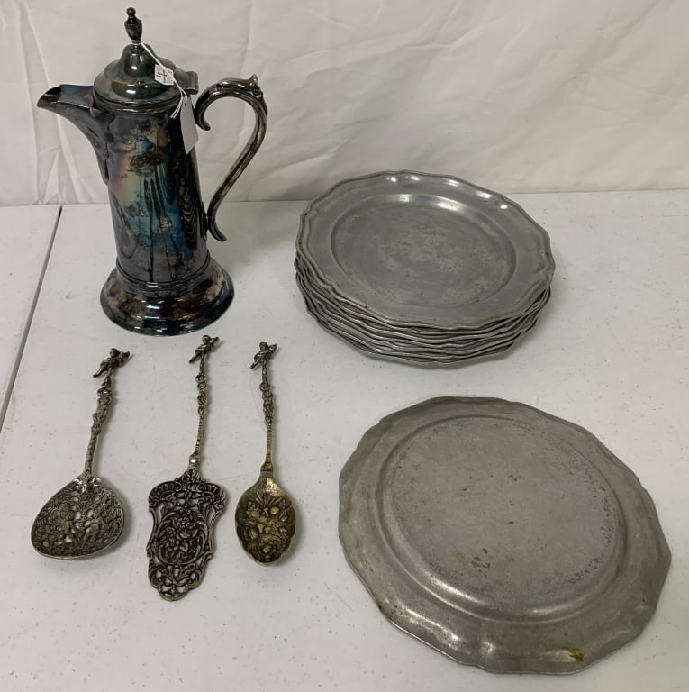 12 pcs,8-Pewter Plates,3 Serving pcs,Pot: Merden 1389 stamped on pot,tarnished,Wilton armatel plates,tarnished serving pieces