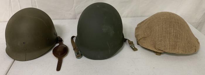 3 Military Helmets,1 with Burlap Wrapping