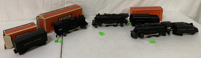 3 Lionel locomotives and tenders, some boxes