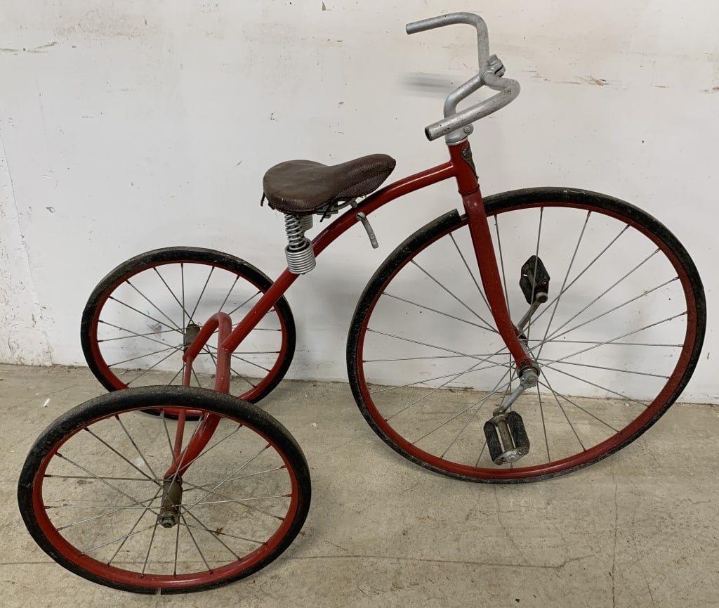 Iver Johnson tricycle: has wear with a repaint; gaps in tires; 23" rim on large wheel