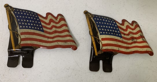 2 tin American flag license plate toppers