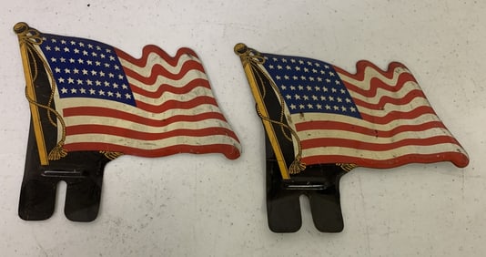 2 tin American flag license plate toppers