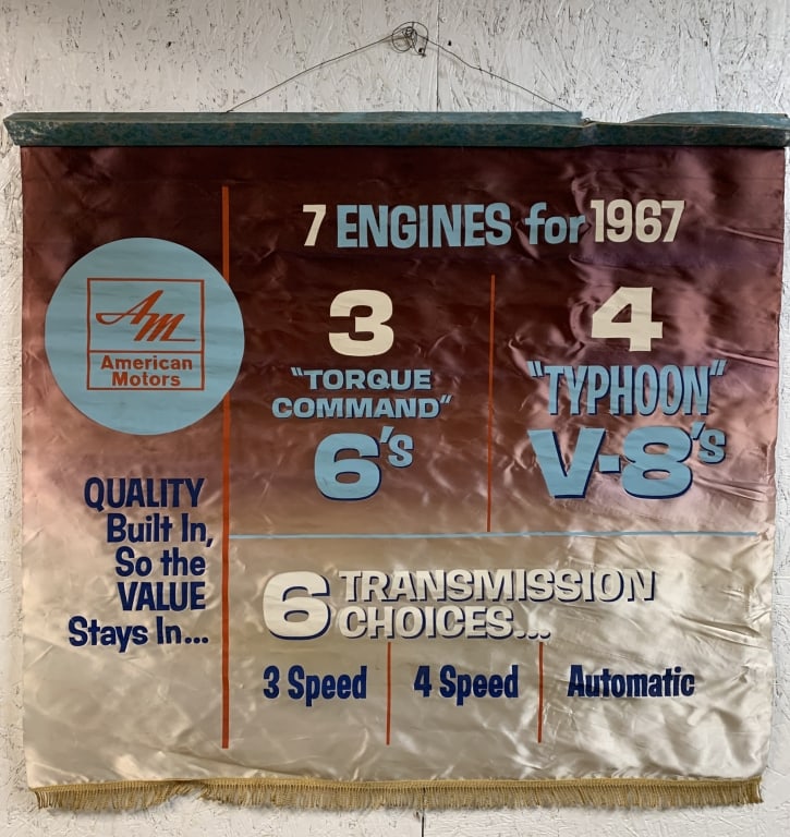 American Motors Hanging Cloth Banner: 40''x44'', some damage to hanger at top