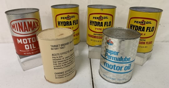 6 Oil Cans, Minamx, Pennzoil, and Amoca