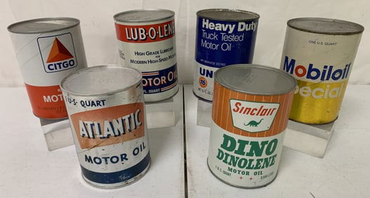 6 Oil Cans,Citgo,Alantic,Sinclar,Lubolene,Mobiloil