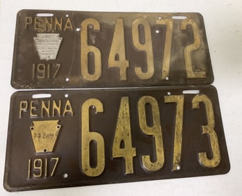 2 consecutive Pennsylvania 1917 license plates