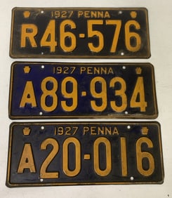 3 different 1927 Pennsylvania license plates