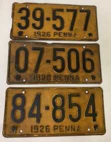 3 different 1926 Pennsylvania license plates