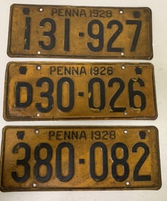 3 different 1928 Pennsylvania license plates