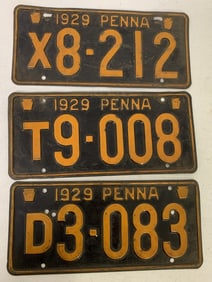 3 different 1929 Pennsylvania license plates