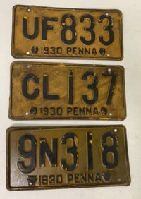 3 different 1930 Pennsylvania license plates