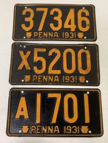 3 different 1931 Pennsylvania license plates