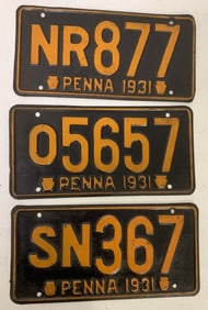 3 different 1931 Pennsylvania license plates