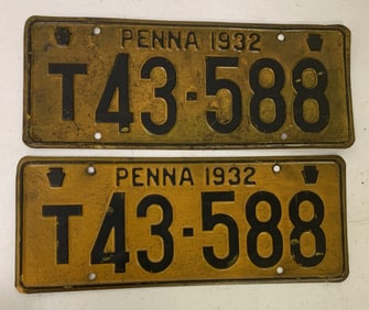 set of 1932 Pennsylvania license plates T43-588