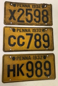 3 different 1932 Pennsylvania license plates