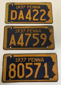 3 different 1937 Pennsylvania license plates