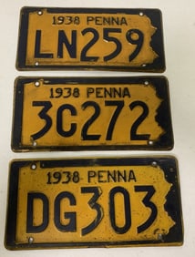 3 different 1938 Pennsylvania license plates