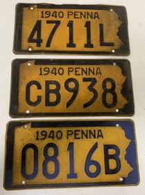 3 different 1940 Pennsylvania license plates